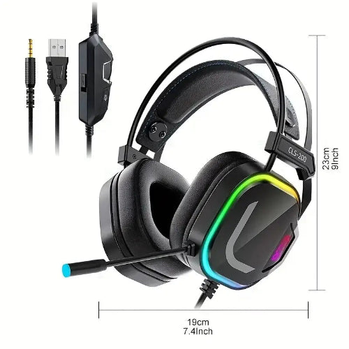Gaming headset with RGB lighting, USB cable, and measurements on a white background