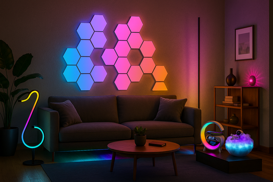 Modern living room with RGB wall lights and LED strips highlighting furniture