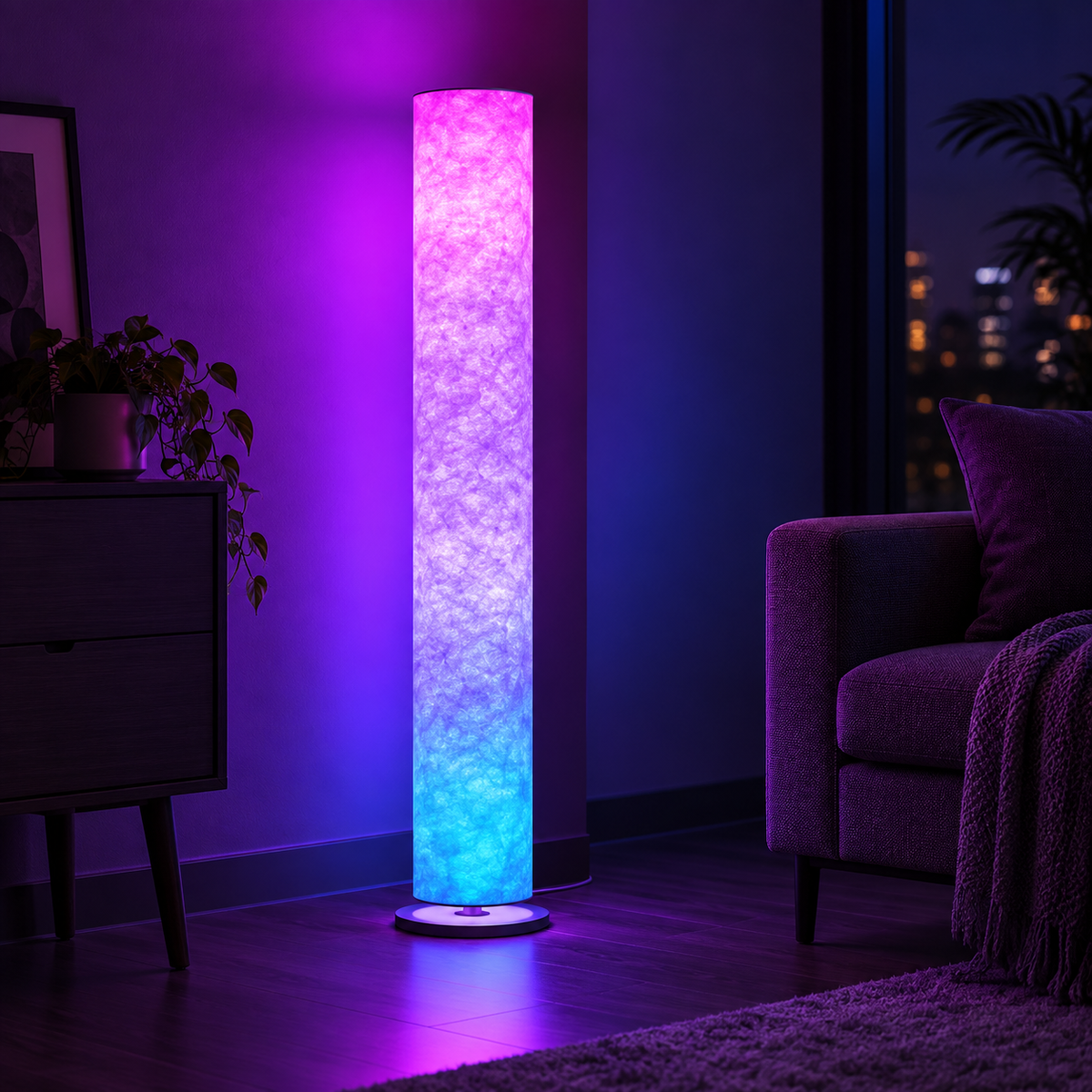 Smart RGB Floor Lamp glowing purple and blue in a modern living room — RGB Illuminations product image