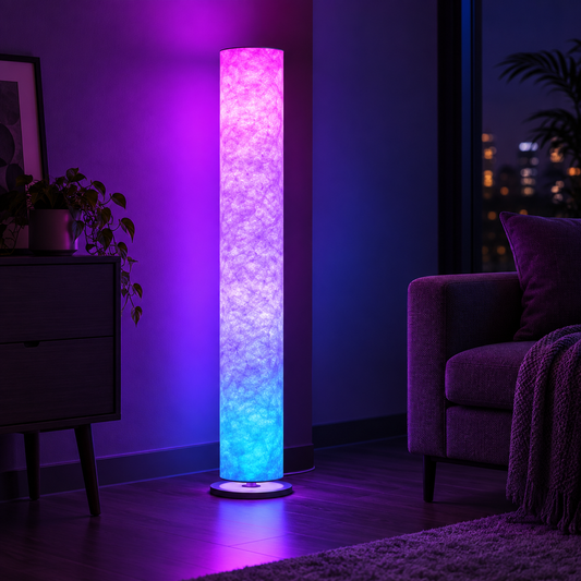 Smart RGB Floor Lamp glowing purple and blue in a modern living room — RGB Illuminations