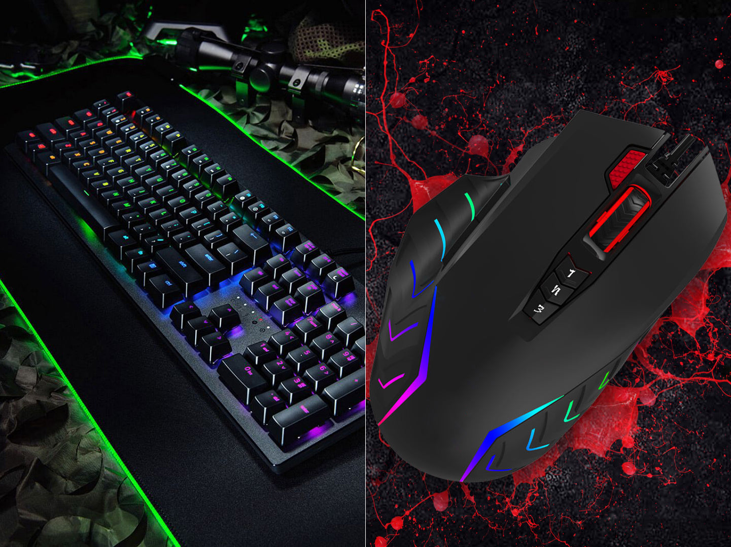 Gaming keyboard and mouse with RGB lighting on a dark background
