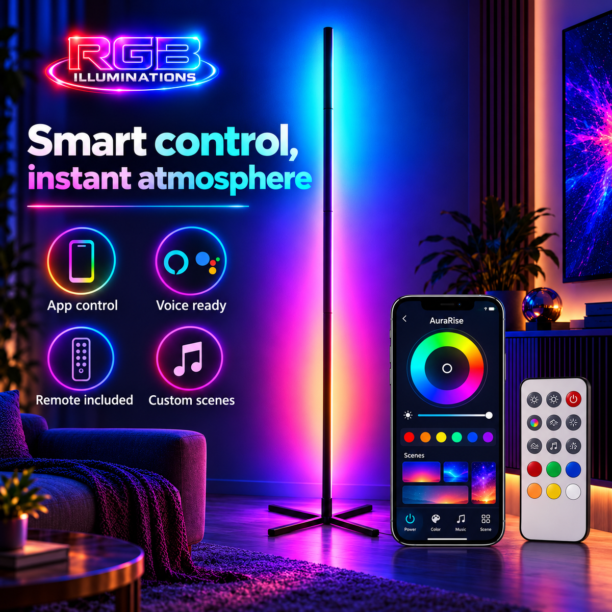 A smart RGB LED floor lamp with a black stand is shown in a living room setting, emitting colorful blue, purple, and pink light. The image includes promotional text, a smartphone app screen, and a remote control. — RGB Illuminations product view 2