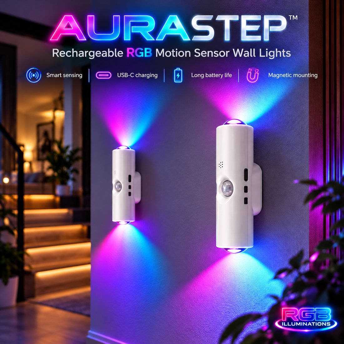AuraStep™ RGB Motion Sensor Wall Lights – Rechargeable 2-Pack — RGB Illuminations product image