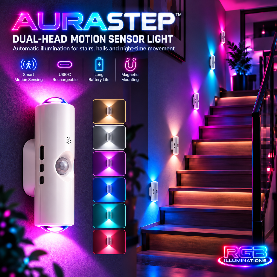 AuraStep™ RGB Motion Sensor Wall Lights – Rechargeable 2-Pack — RGB Illuminations product image