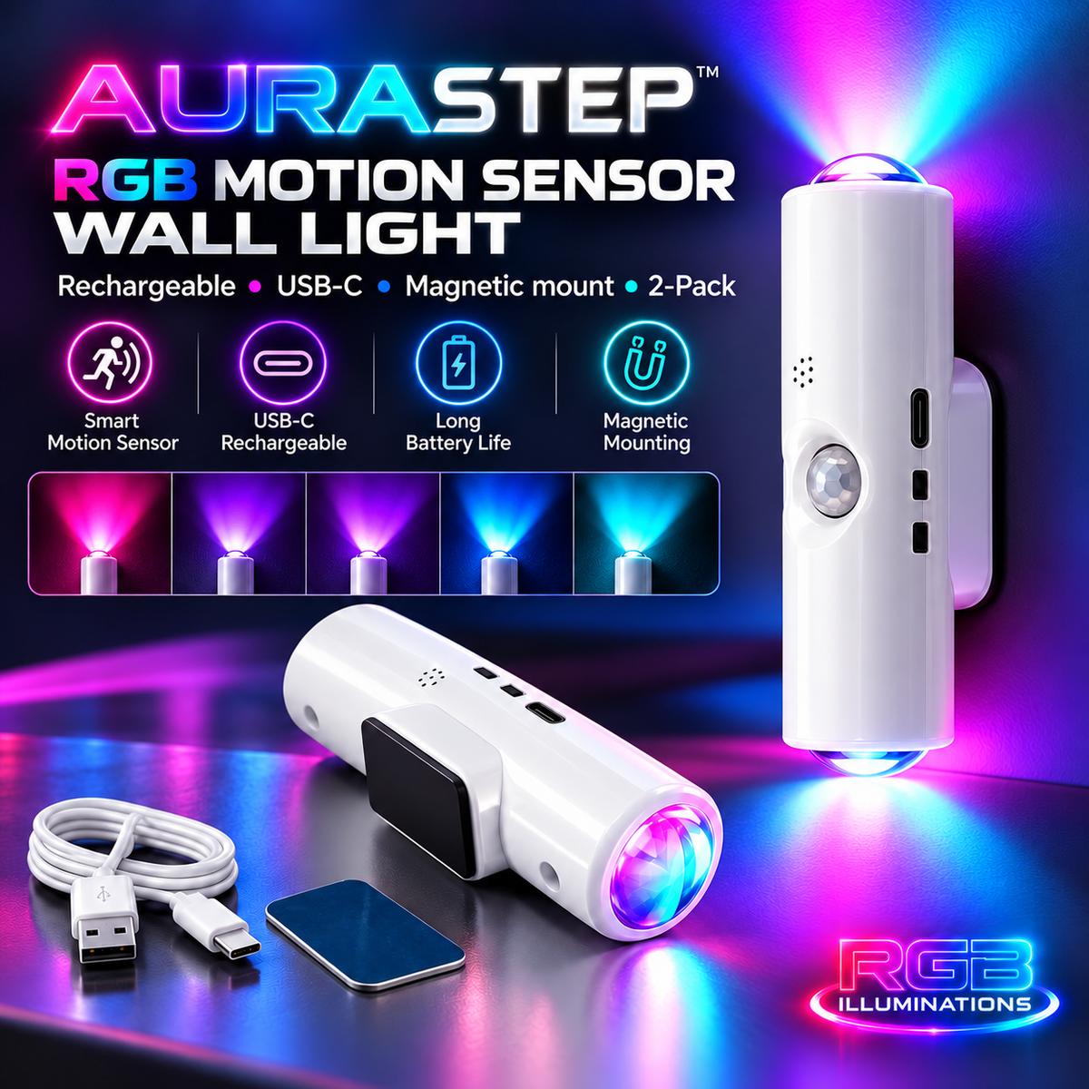 AuraStep™ RGB Motion Sensor Wall Lights – Rechargeable 2-Pack — RGB Illuminations product view 6