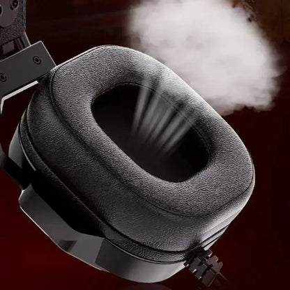 Close-up of a gray gaming headset with a dark background