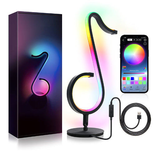 Colorful LED lamp shaped like a treble clef with smartphone app control, packaging, and USB cable.