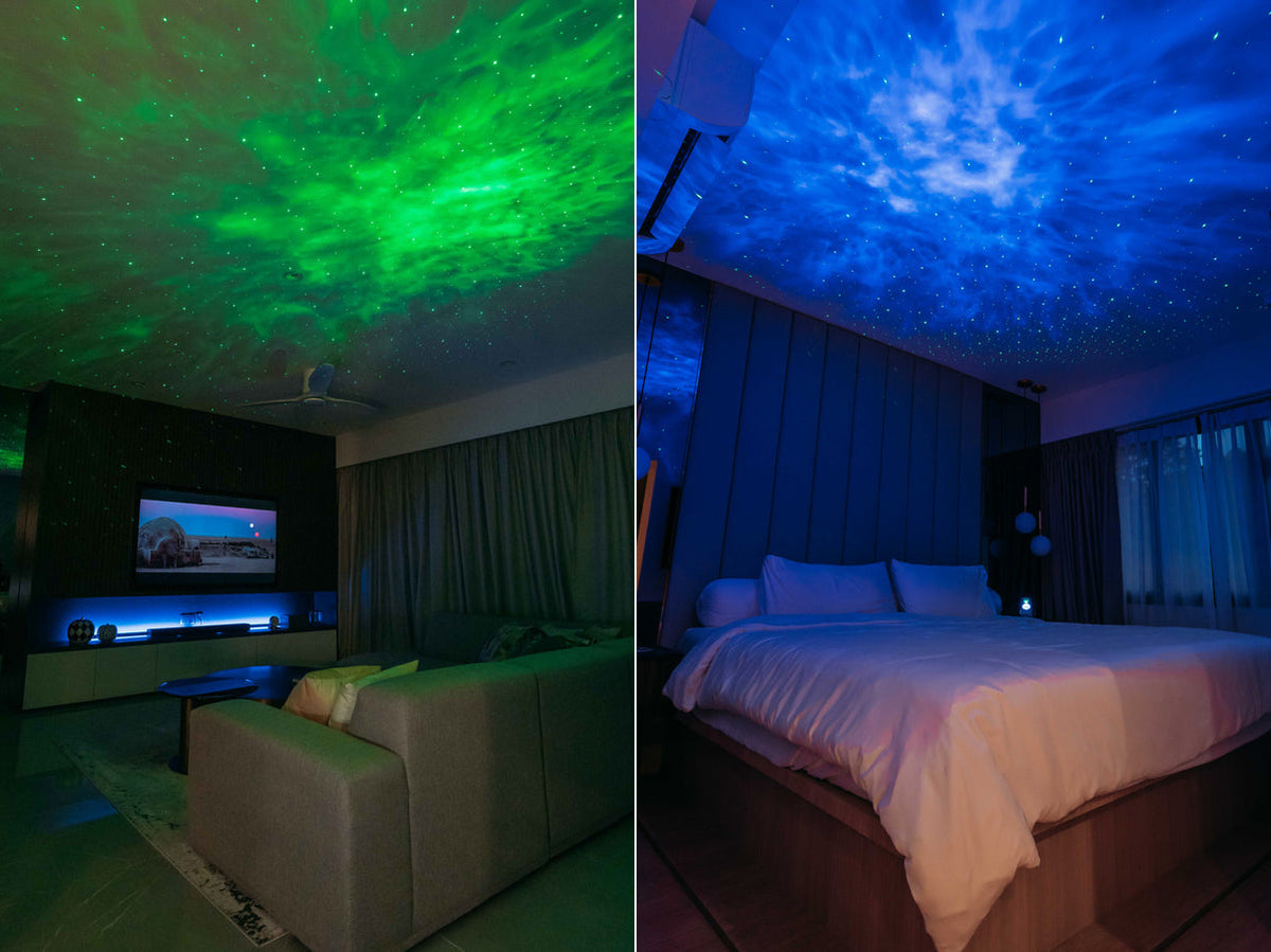 Bedroom transformed with blue ambient RGB lighting