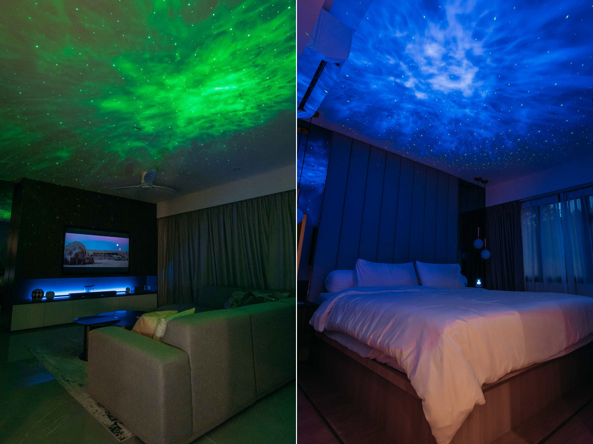 Two rooms with starry sky ceiling projections, one green and one blue, in a home setting.