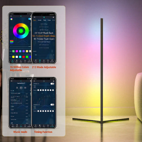 Smart RGB lamp with smartphone app controls on a gradient background