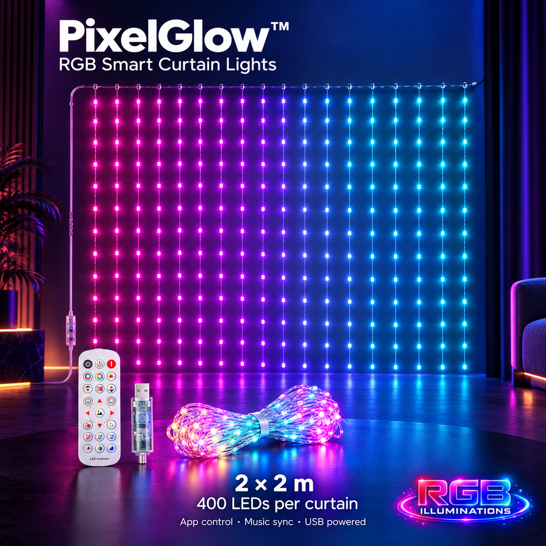 PixelGlow™ RGB Smart Curtain Lights — RGB Illuminations product image