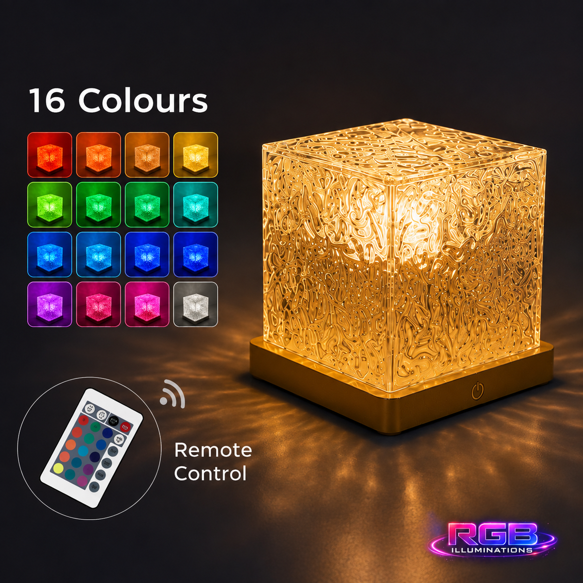 A glowing cube-shaped LED lamp with a textured glass-like surface on a gold base, shown on a dark background with text reading '16 Colours' and a remote control inset labeled 'Remote Control.'. — RGB Illuminations product view 8