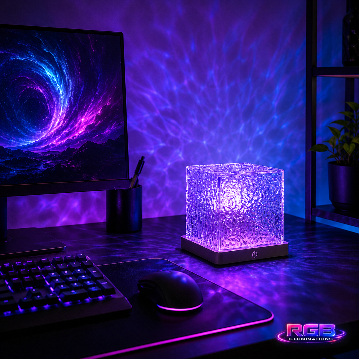 A square RGB LED desk lamp with a textured, crinkled glass-like exterior and a glowing purple base, shown on a desk next to a keyboard and mouse. The lamp projects a purple and blue starburst pattern onto the wall behind it. — RGB Illuminations product image