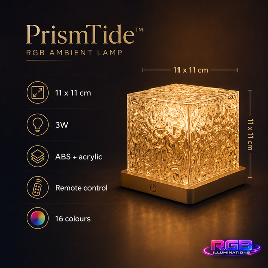 PrismTide RGB Ambient Lamp shown on a dark brown background with product specs listed on the left, including dimensions 11 x 11 cm, 3W, ABS + acrylic, remote control, and 16 colours. — alternate product view — RGB Illuminations
