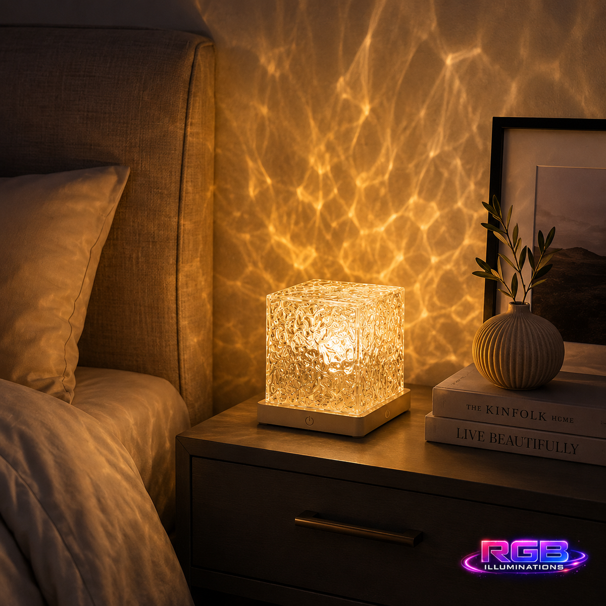 A glowing square textured lamp sits on a bedside table next to a bed, casting a warm golden light pattern across the wall. The lamp has a frosted glass-like body and a light wood base. — RGB Illuminations product image