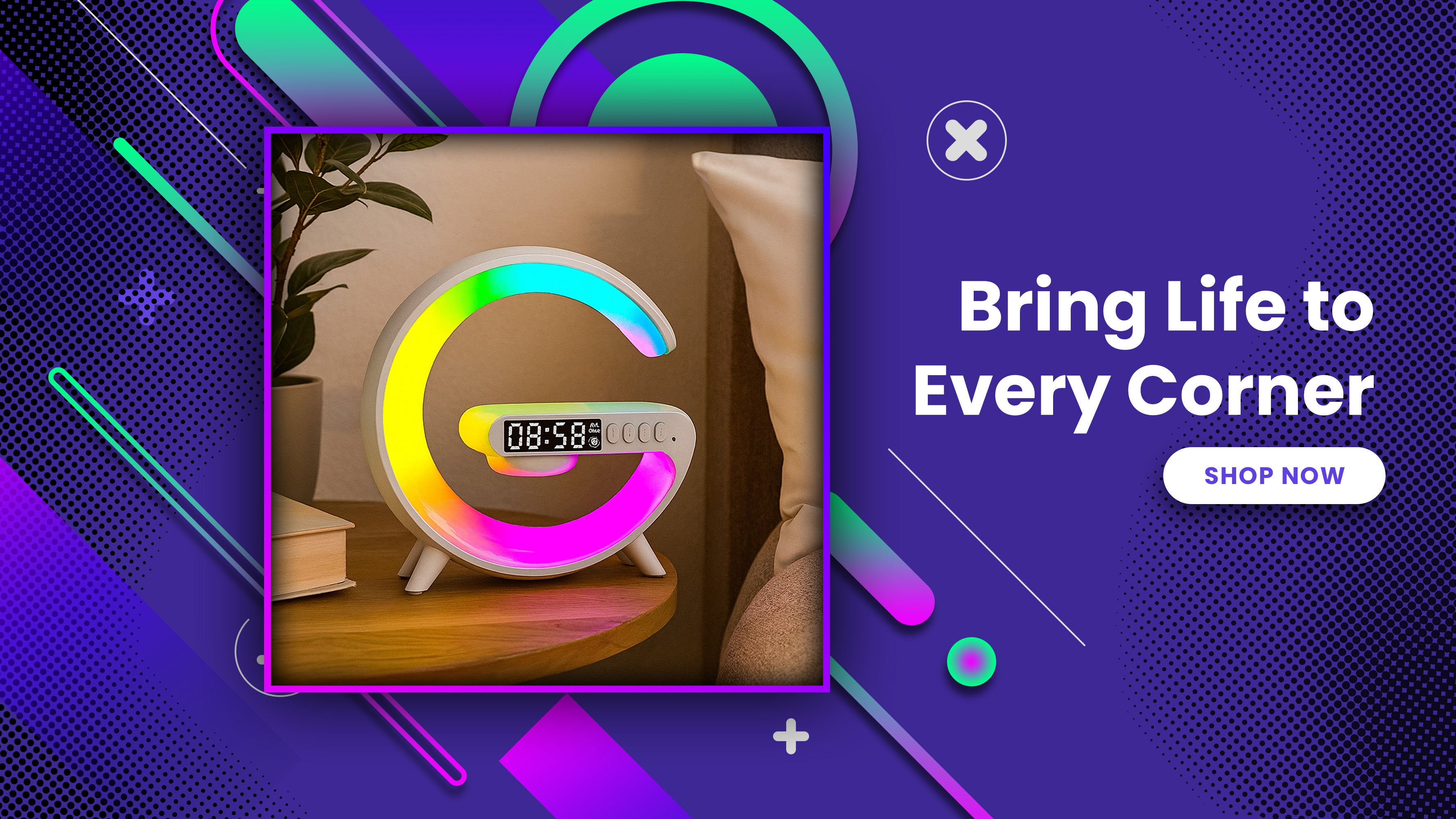 Colorful digital clock with gradient design on a purple background with geometric shapes and text.