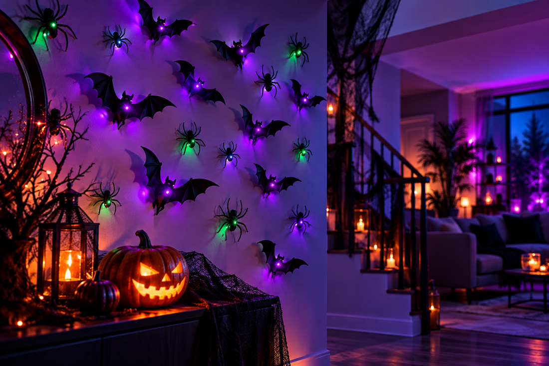 Halloween room with purple and green EerieSwarm bat and spider wall lighting, digitally created room-styling concept; other props excluded