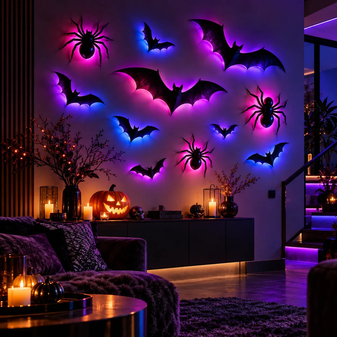 EerieSwarm Halloween bats and spiders in RGB pink and blue illuminated room, digitally created concept; props not included