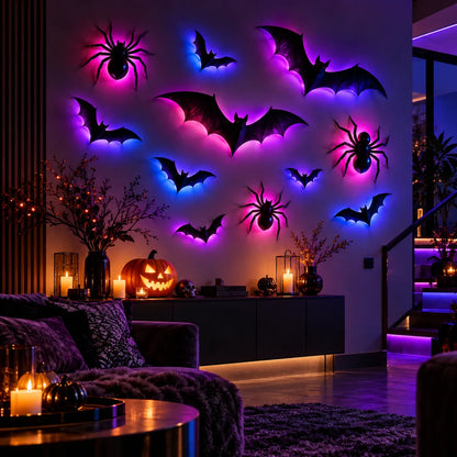 EerieSwarm Halloween bats and spiders in RGB pink and blue illuminated room, digitally created concept; props not included