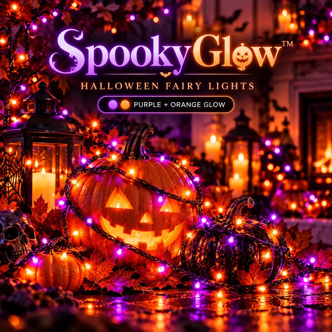 Branded SpookyGlow™ Halloween fairy lights hero with purple and orange LEDs, illustrated décor