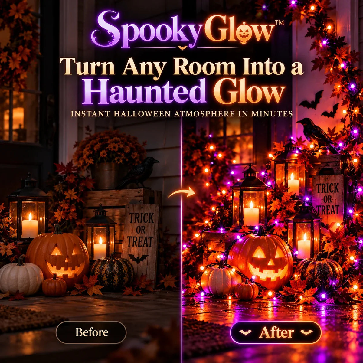 Illustrative SpookyGlow™ Halloween room before-and-after concept – not an actual test