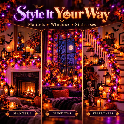 SpookyGlow™ LED fairy lights styled on mantel, window and staircase – concept imagery