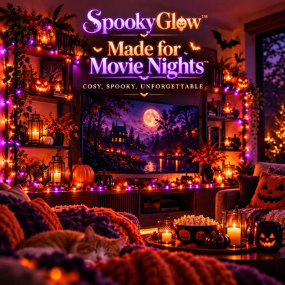 SpookyGlow™ Halloween fairy lights for cosy Halloween movie nights, lifestyle concept