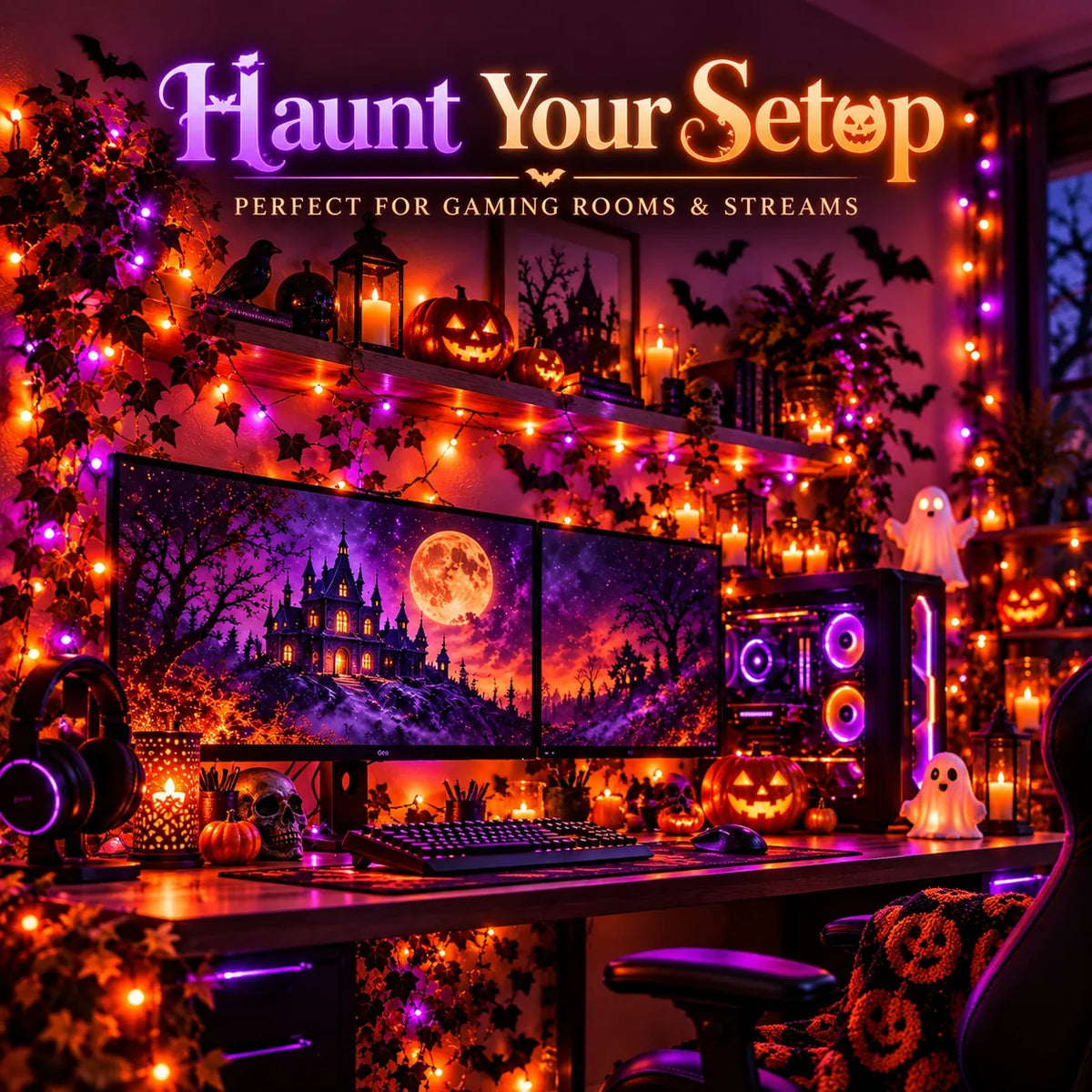 SpookyGlow™ Halloween fairy lights for gaming room and streaming, lifestyle illustration