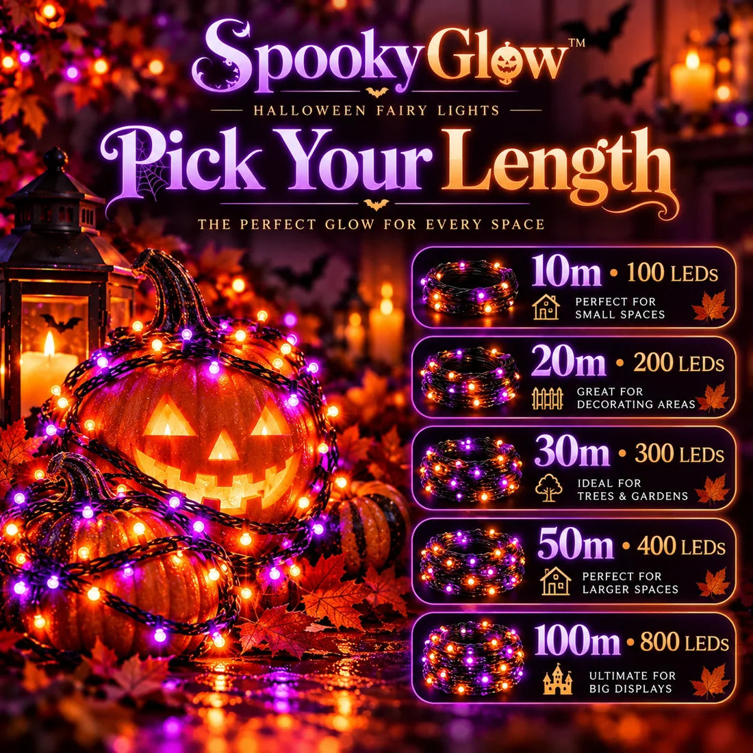 SpookyGlow™ fairy lights five advertised string lengths and LED quantities, verify variant