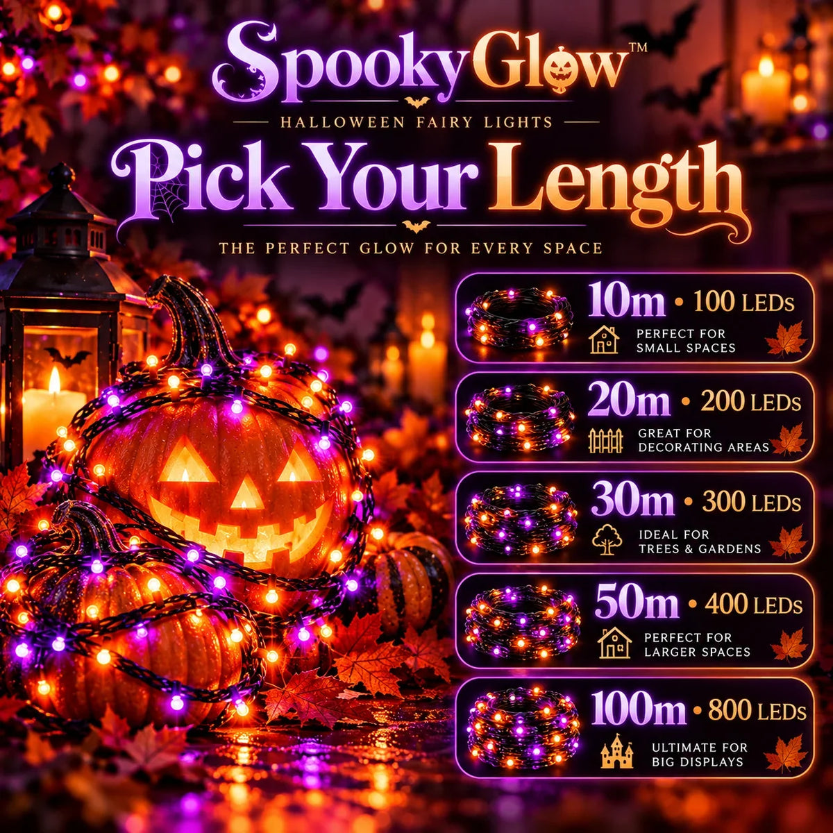 SpookyGlow™ fairy lights five advertised string lengths and LED quantities, verify variant