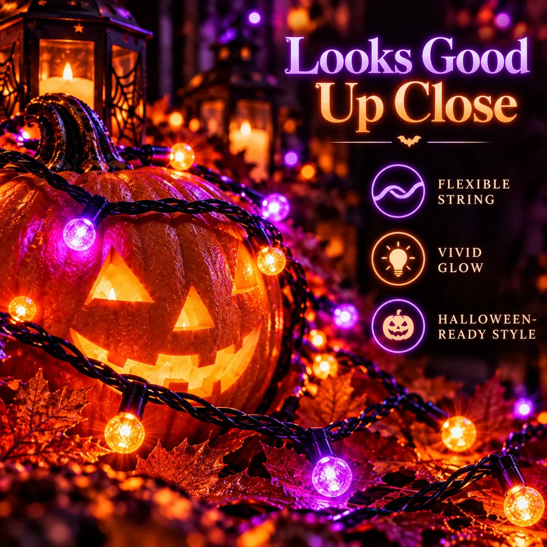SpookyGlow™ string lighting product close-up, digitally created conceptual image