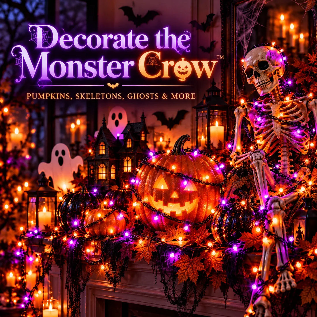 SpookyGlow™ Halloween decorations featuring pumpkins, skeletons and fairy lights; props not included