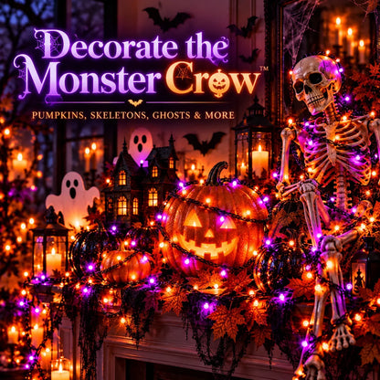SpookyGlow™ Halloween decorations featuring pumpkins, skeletons and fairy lights; props not included