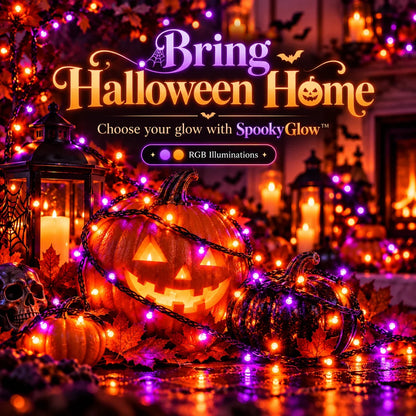 SpookyGlow™ purple and orange Halloween lights, branded promotional image