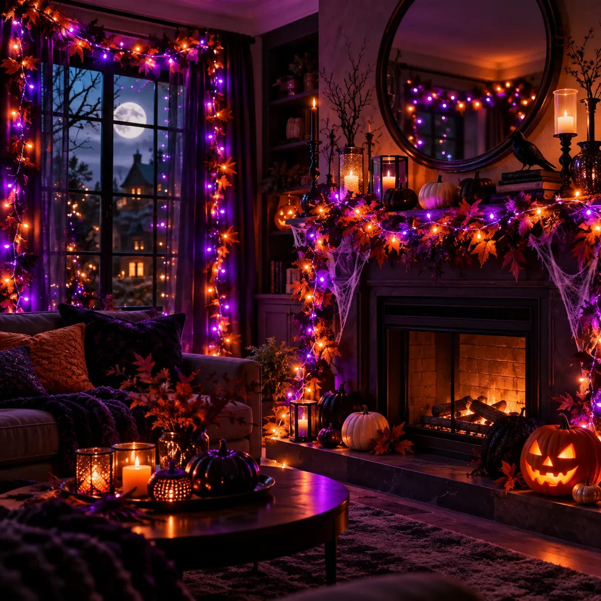 SpookyGlow orange and purple fairy lights in decorated Halloween room, digitally created concept; props not included